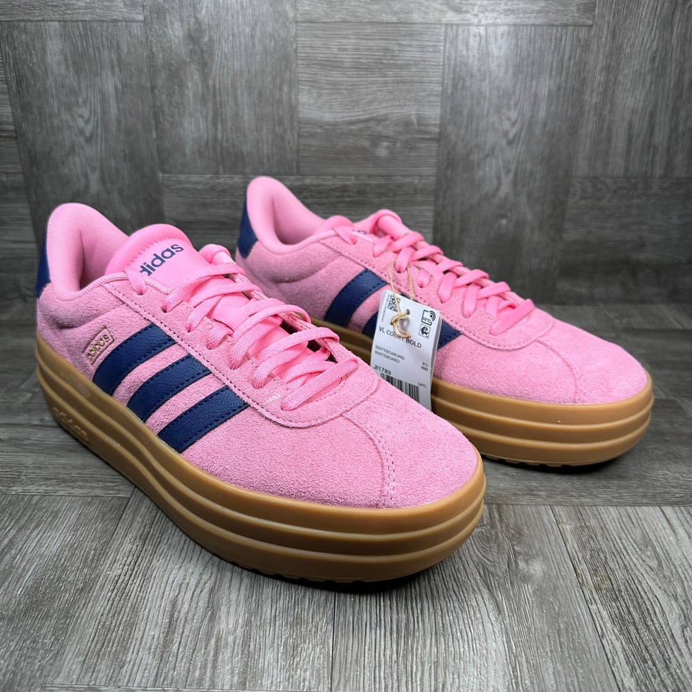 Adidas VL Court Bold Women Size 8 Pink Suede Platform Navy Gum NEW JI1789 - Picture 2 of 8